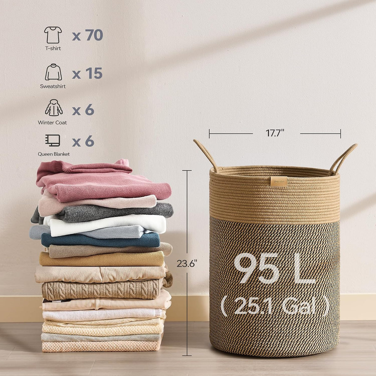 Nunsino Tall Laundry Basket Hamper 95L,Cotton Rope Storage Hamper with Reinforced Handles,Decorative Blanket & Toy Basket for Living Room, Bedroom, Nursery, Dark Brown