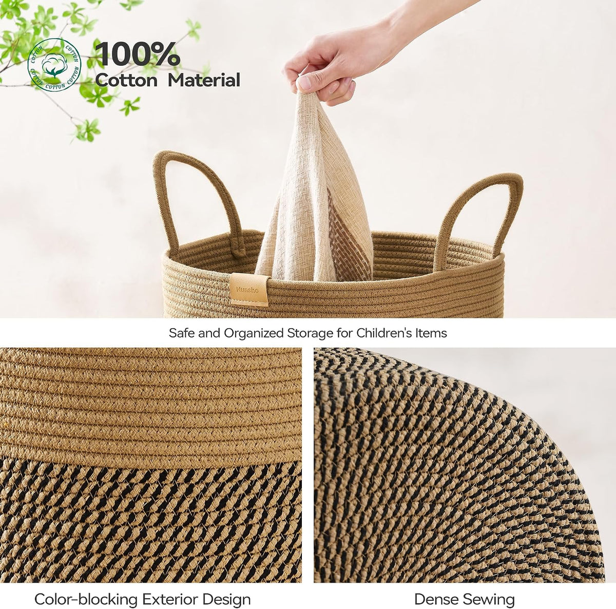 Nunsino Tall Laundry Basket Hamper 95L,Cotton Rope Storage Hamper with Reinforced Handles,Decorative Blanket & Toy Basket for Living Room, Bedroom, Nursery, Dark Brown