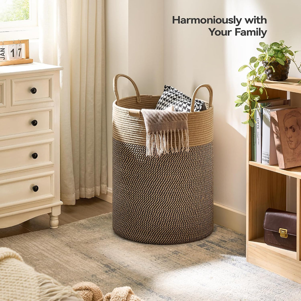 Nunsino Tall Laundry Basket Hamper 95L,Cotton Rope Storage Hamper with Reinforced Handles,Decorative Blanket & Toy Basket for Living Room, Bedroom, Nursery, Dark Brown