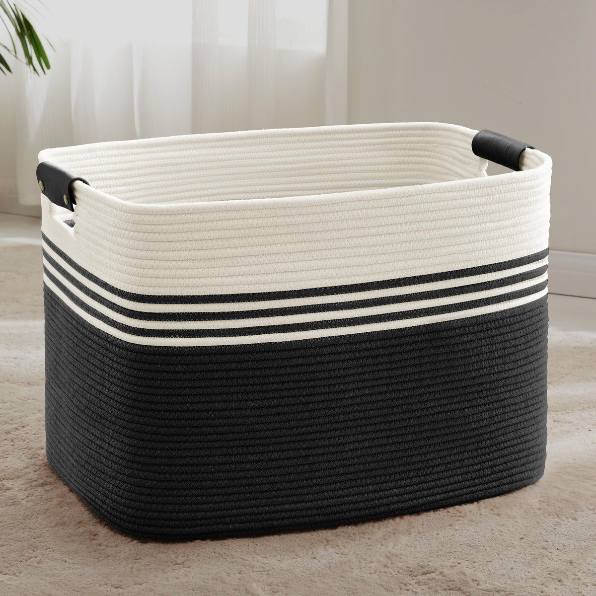 72L Large Woven Laundry Basket Hamper with Leather Handles,Brown