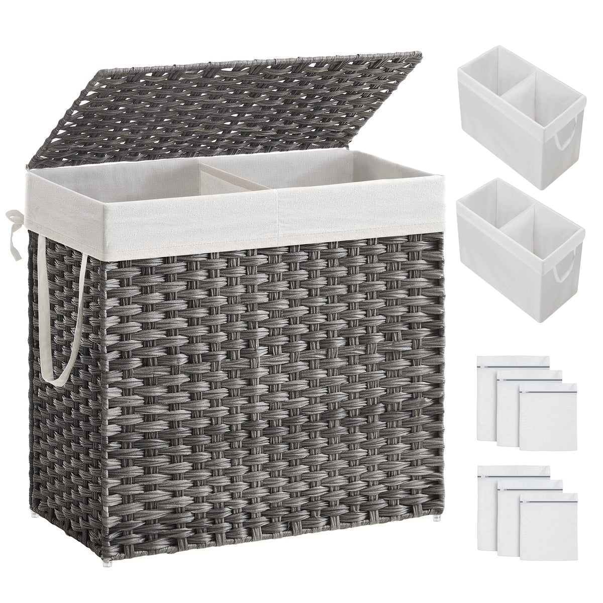 SONGMICS Laundry Hamper with Lid, 130L Double Wicker Basket, 6 Mesh Bags