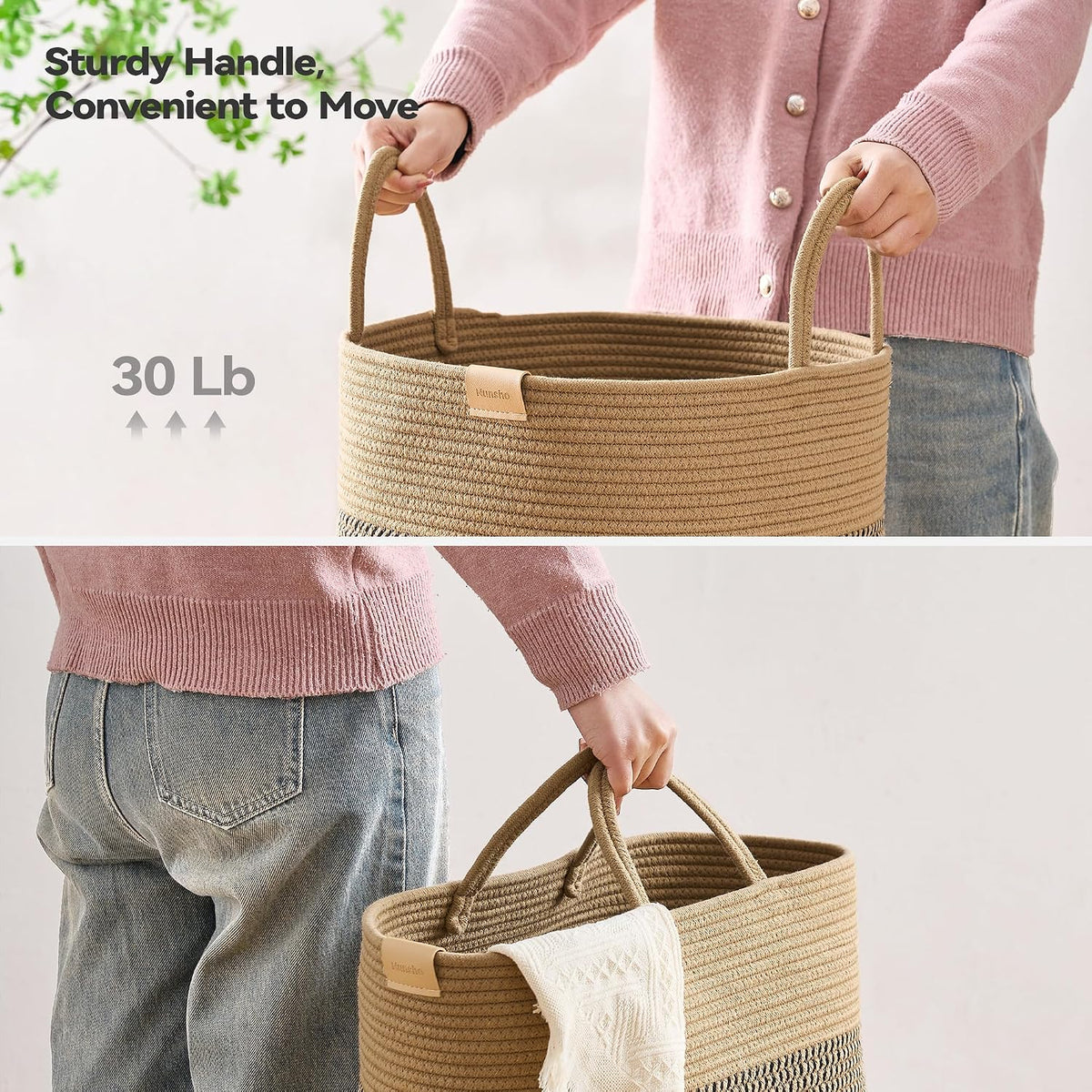 Nunsino Tall Laundry Basket Hamper 95L,Cotton Rope Storage Hamper with Reinforced Handles,Decorative Blanket & Toy Basket for Living Room, Bedroom, Nursery, Dark Brown