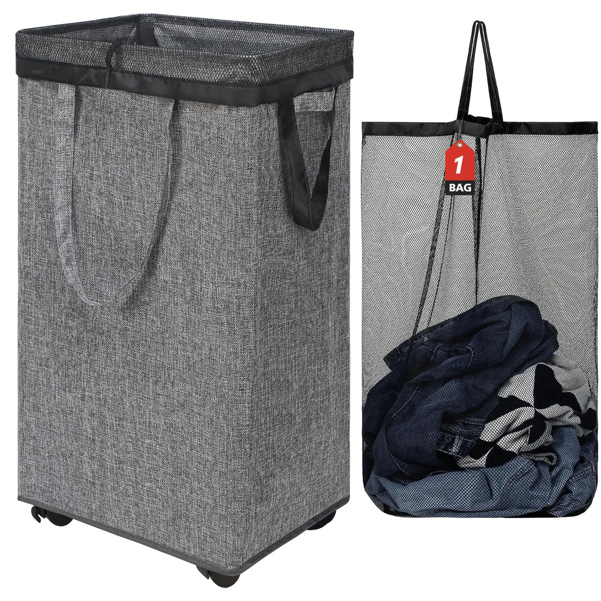 DOKEHOM 52L Slim Rolling Laundry Basket Hamper, Narrow on Wheels, Grey