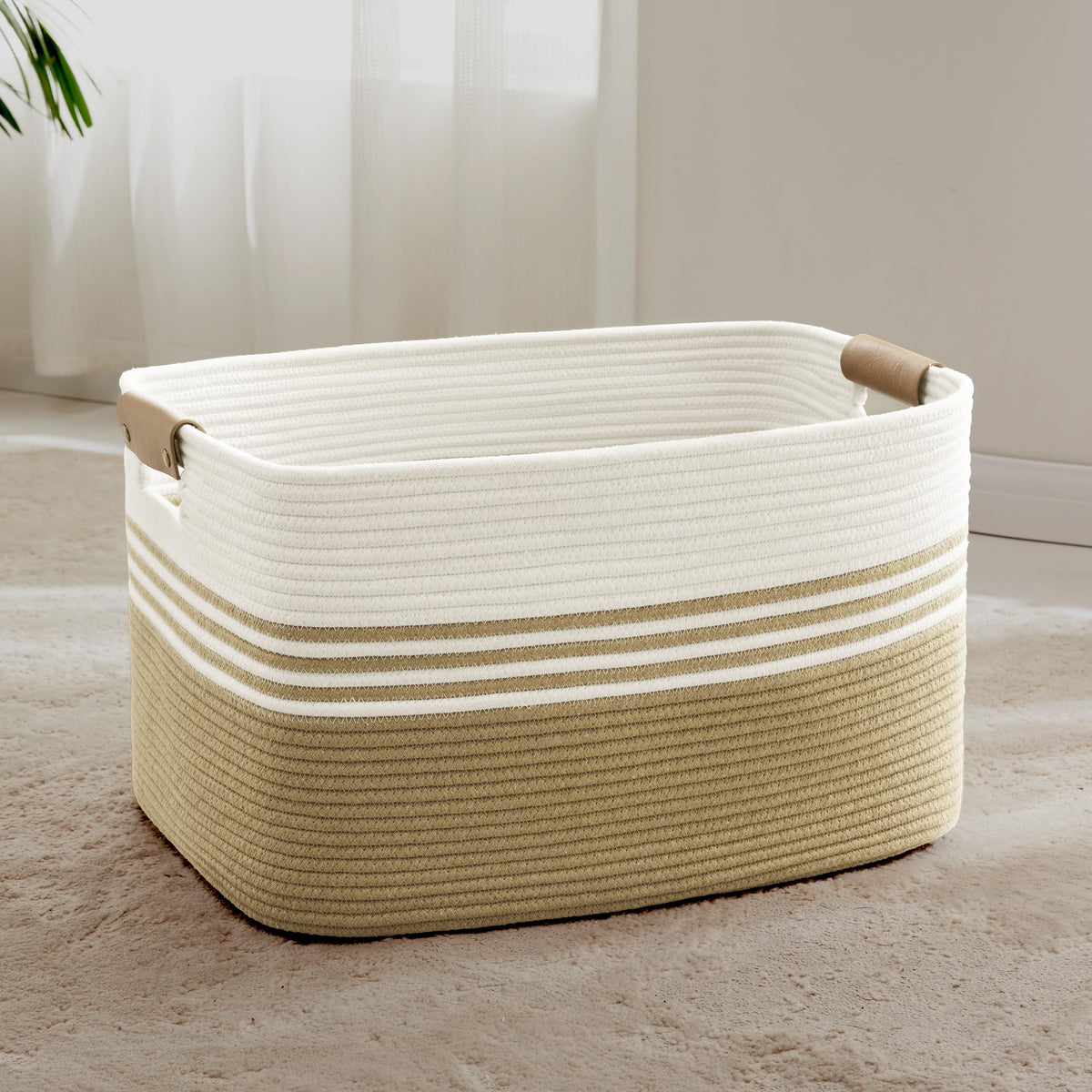 72L Large Woven Laundry Basket Hamper with Leather Handles,Brown